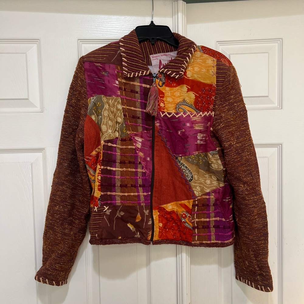 Unisex C Patchwork Festival Grunge Orange‎ Tone Full Zip Jacket Blazer Large